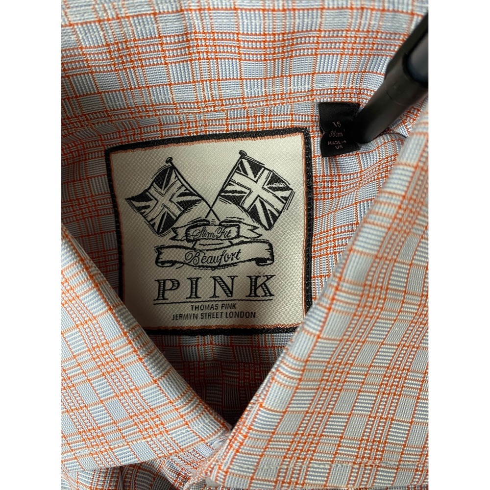 Thomas Pink Mens 15 Orange Blue Check Slim Fit French Cuff Cotton Dress Shirt - Picture 2 of 12